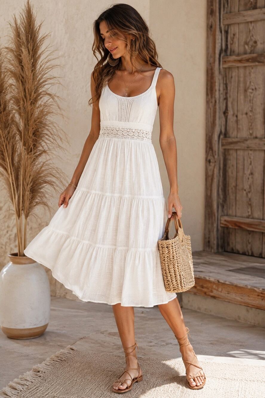 NWT Forever 21 Ivory Crochet Tiered Midi Dress Boho Cottagecore size Medium